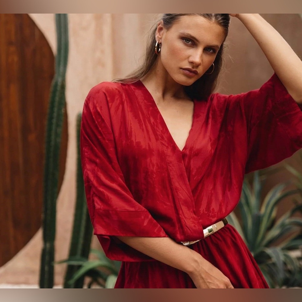 Khush Clothing Red Kaftan Midi Dress Resort Beach Bohemian Holiday Christmas‎